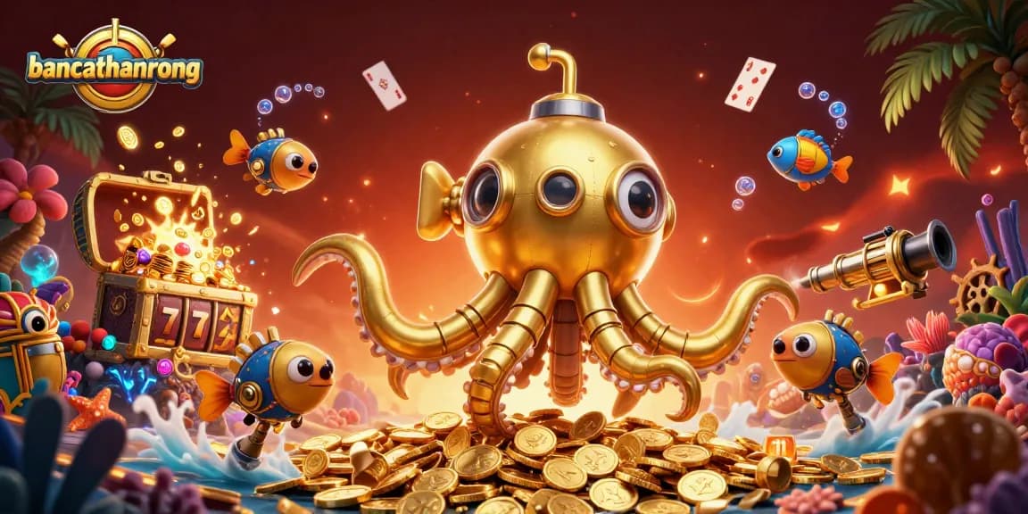 Bancathanrong showcases a 3D cartoon scene with a kraken submarine amidst gold coins and slot reels.