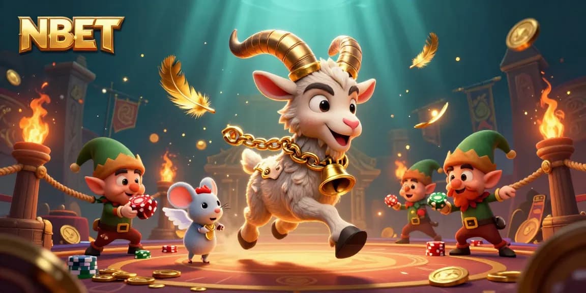 Engage with NBET in a lively casino scene, featuring a Krampus goat and playful characters.