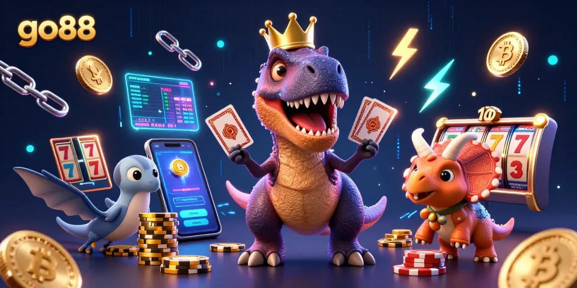 Go88 showcases a playful scene of a T-Rex dealing cards amidst golden chips and crypto coins.