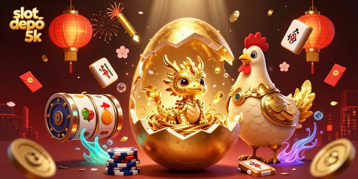 Spin the reels with slot depo 5k as a golden dragon emerges amidst poker chips and festive casino elements.