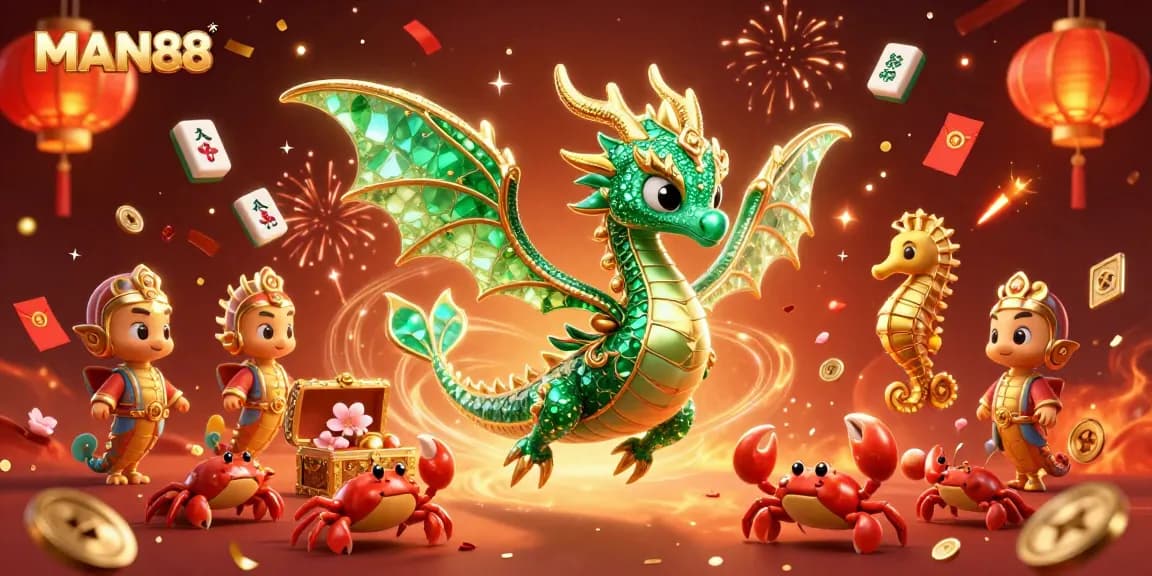 Play exciting games at MAN88, featuring a sea dragon, royal seahorse, and a treasure chest in a vibrant casino scene.