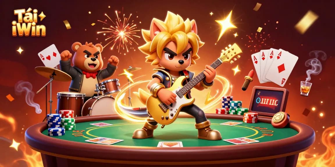 Play Tải iWin with this vibrant casino scene featuring a rock star wolf and a drummer bear.