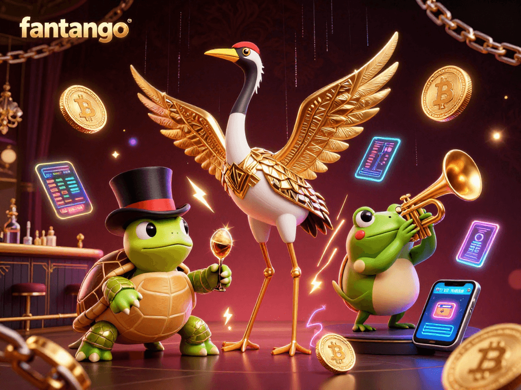 Engage with fantango in this vibrant scene featuring dynamic characters and crypto elements.