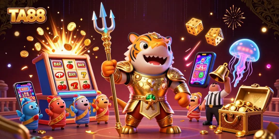 Catch exciting casino action in TA88 with a trident-wielding tiger shark amidst a vibrant jackpot scene.