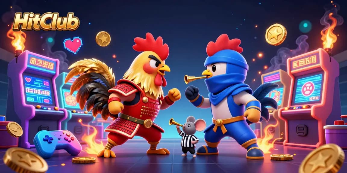 HitClub summons excitement as roosters duel amid electrifying gaming artifacts in vibrant 3D.