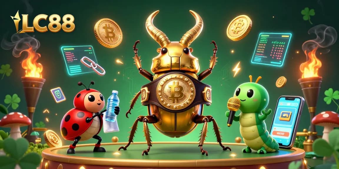Engage with winning strategies at LC88 casino adorned with vibrant 3D characters and crypto elements.