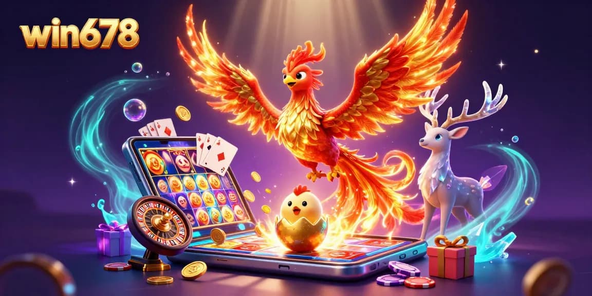 Experience thrilling gameplay at win678 with a vibrant casino scene featuring slot games and festive elements.