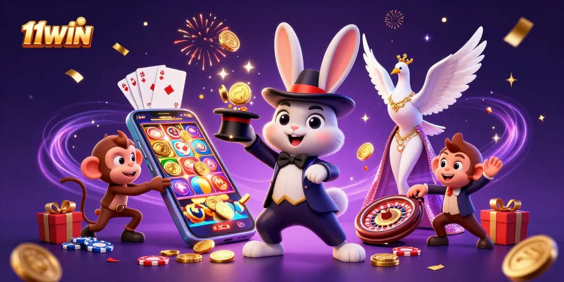 Spin and win with the 11WIN magician rabbit and casino characters, showcasing vibrant gaming elements.