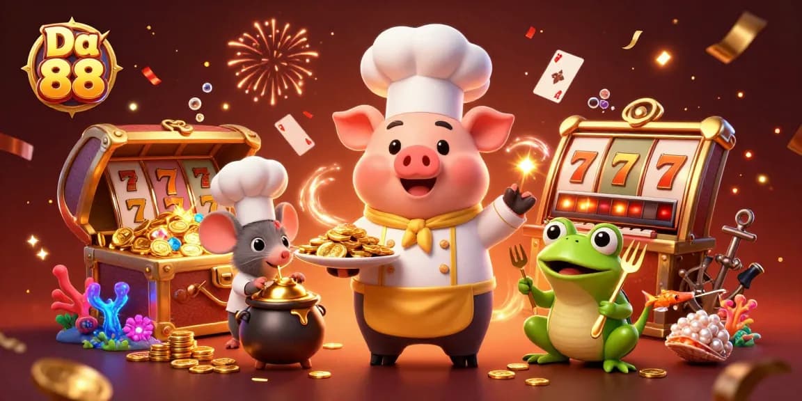 Join the fun at Da 88 as a chef pig serves gold coins in a vibrant casino scene.