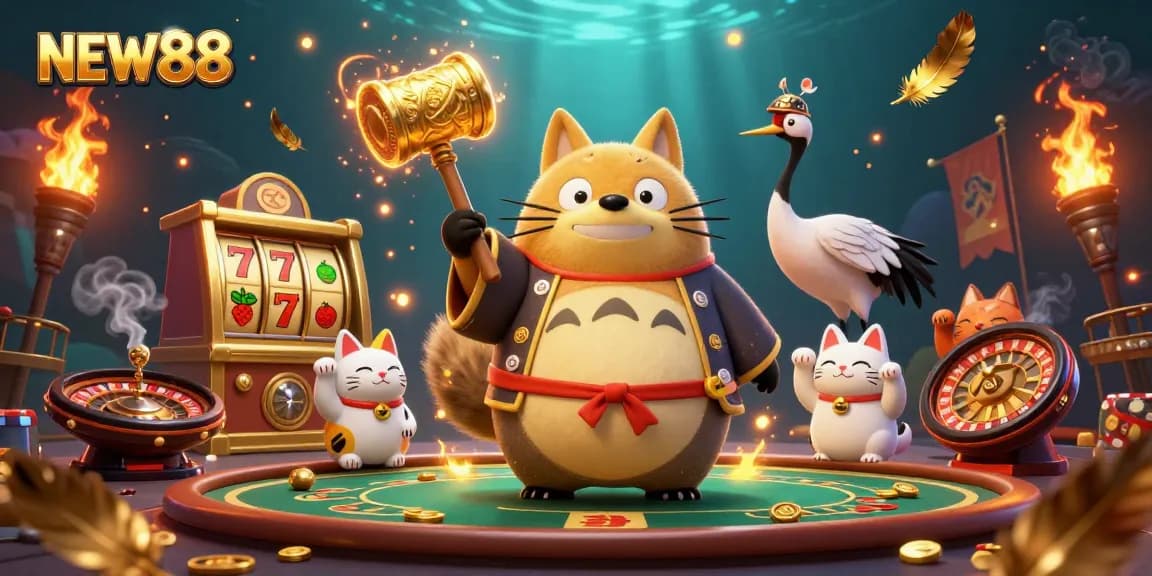 Experience vibrant gameplay with NEW88's dynamic casino scene featuring playful characters and exciting game elements.