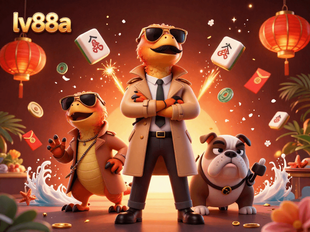 Experience thrilling moments at lv88a with cartoon raptors and a bulldog bouncer in a vibrant casino scene.