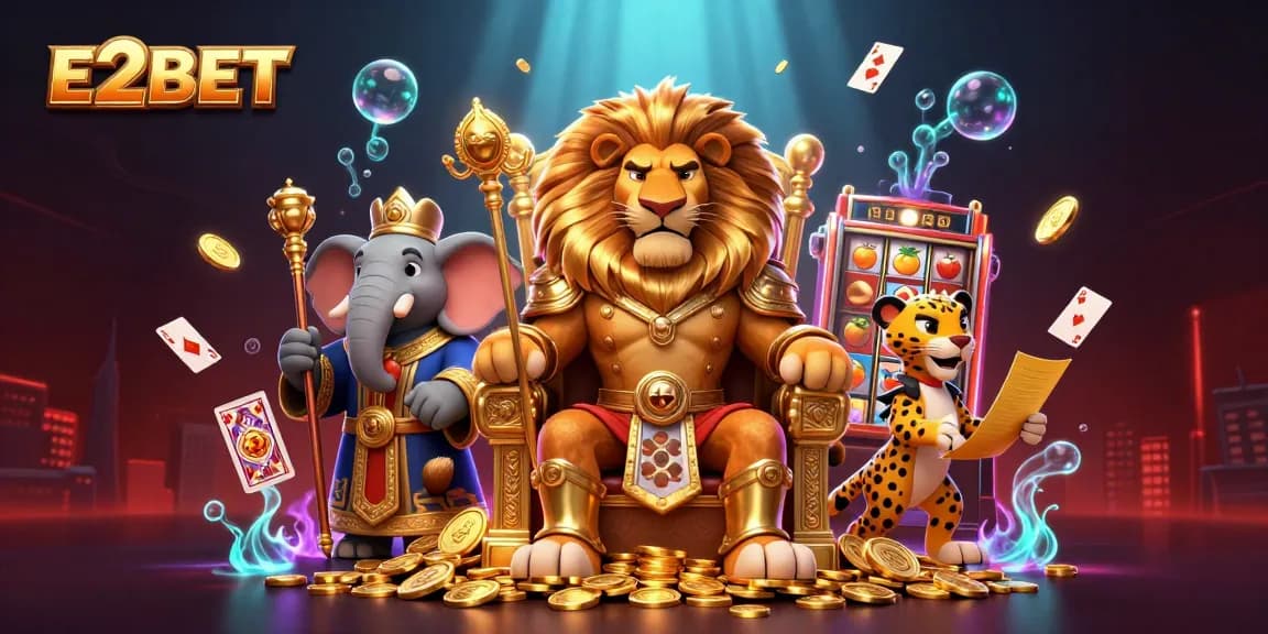 E2BET engaging online casino scene with a lion king on a throne and animated gaming elements