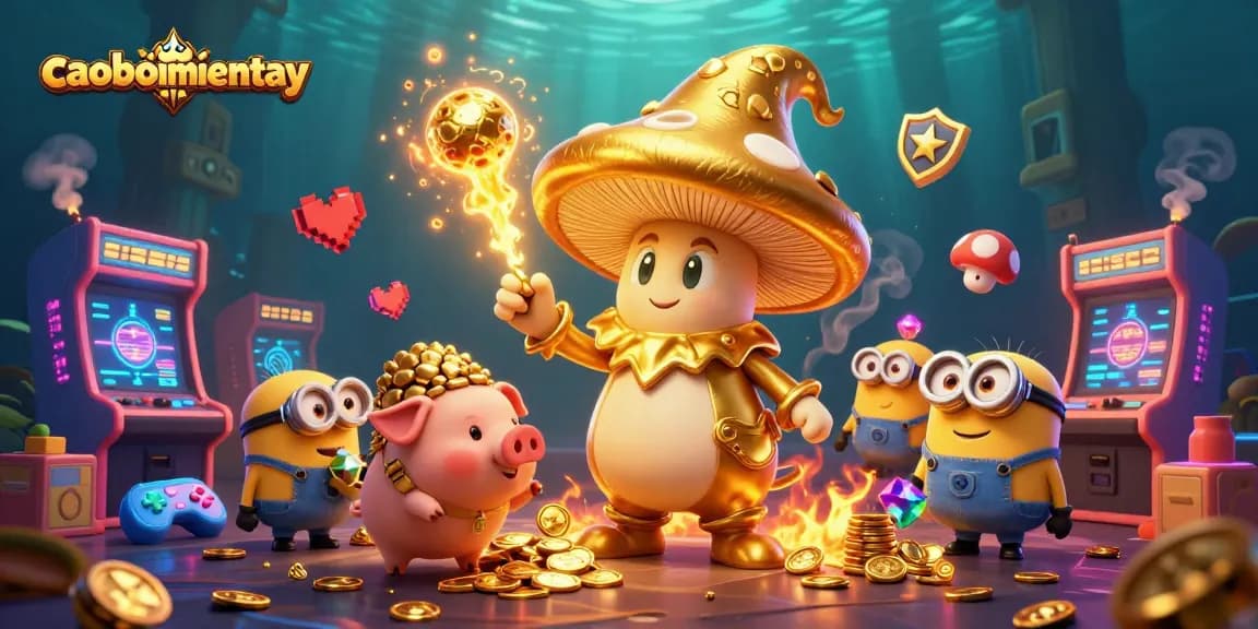 Experience excitement in caoboimientay with a magical treasure-hunting scene showcasing a golden wizard and treasures.