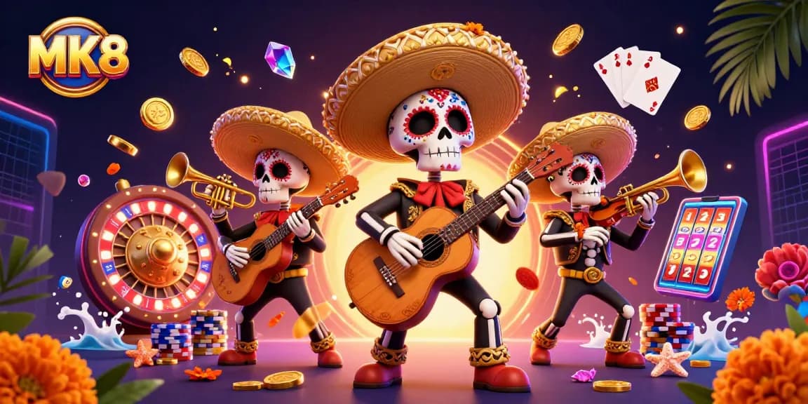 Win big with MK8 at this vibrant online casino featuring a colorful mariachi band and dynamic game elements.