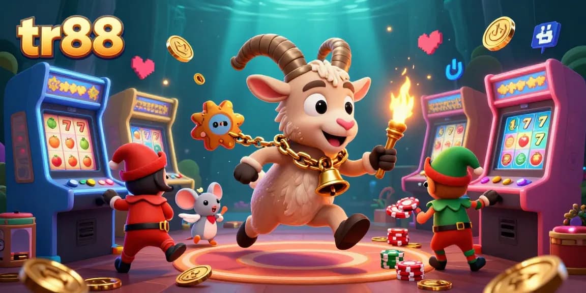 Spin the slots at tr88's vibrant casino atmosphere with Krampus and an angel mouse amidst playful chaos.