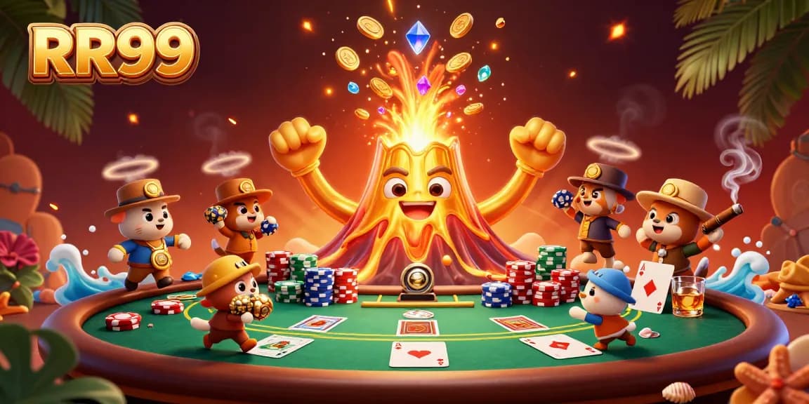 Experience the excitement of RR99 with a vibrant illustration showcasing gaming treasures and thrilling action.
