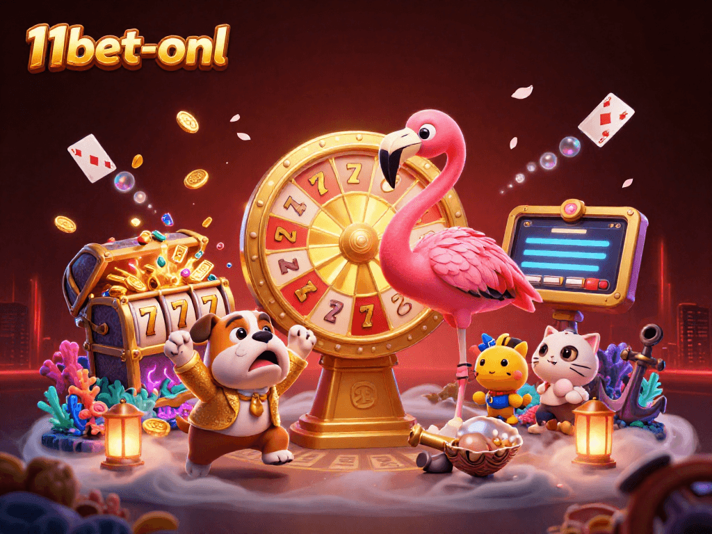 Celebrate wins with 11bet-onl in a vibrant, dynamic casino scene featuring a flamingo host and gaming elements.