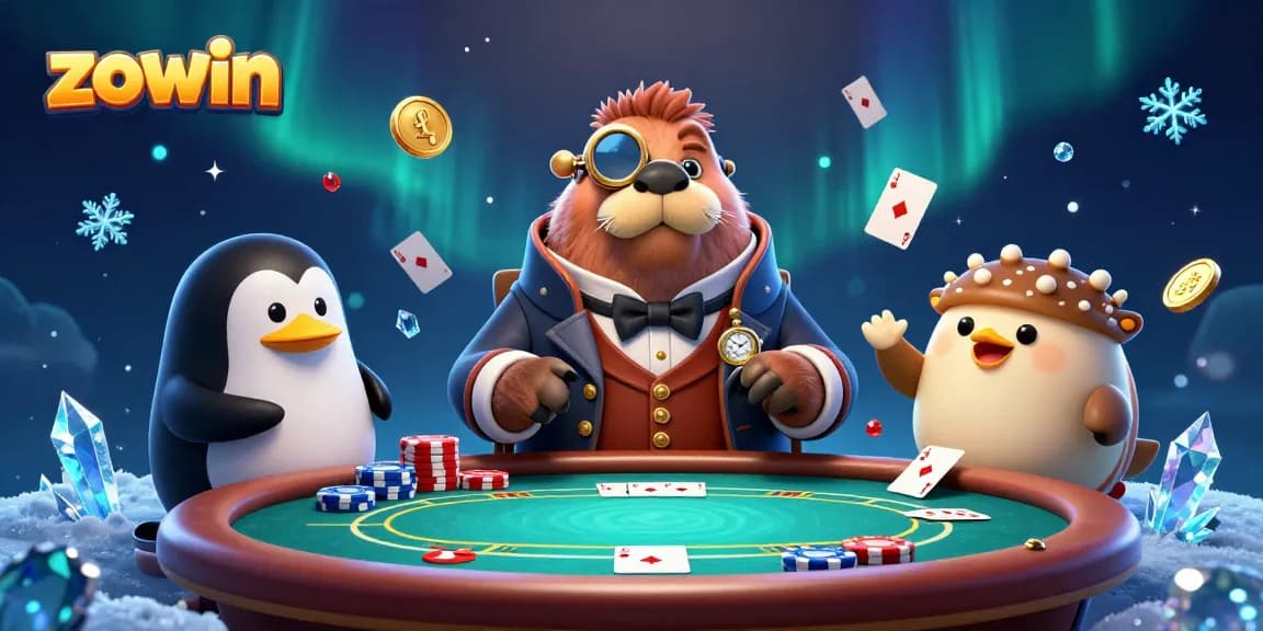 Zowin's exciting underwater poker scene featuring a jolly walrus dealer, emphasizing action and gaming strategy.