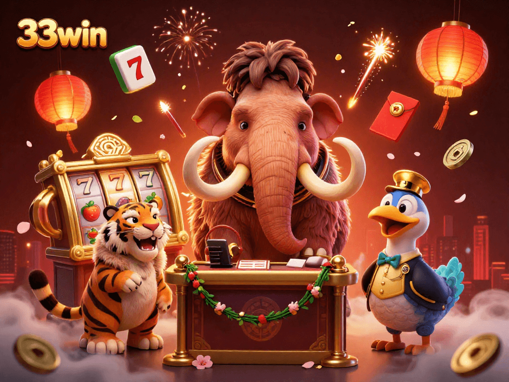 Engage with the vibrant scene at 33win featuring a mammoth bouncer and lively casino elements.