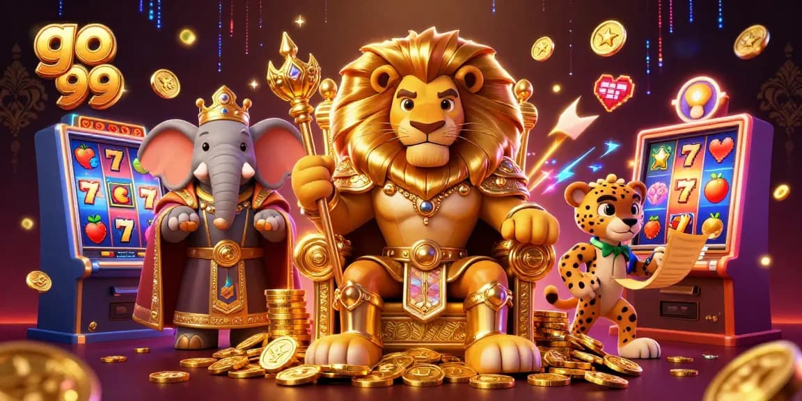 Engage with go 99's vibrant 3D casino illustration featuring slot machines and flamboyant characters.