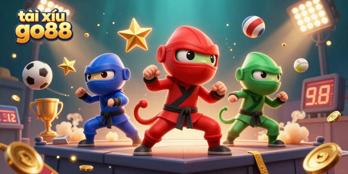 Tài xỉu go88 showcases a dynamic 3D scene of chameleon ninjas amidst sports elements, embodying thrilling gambling action.