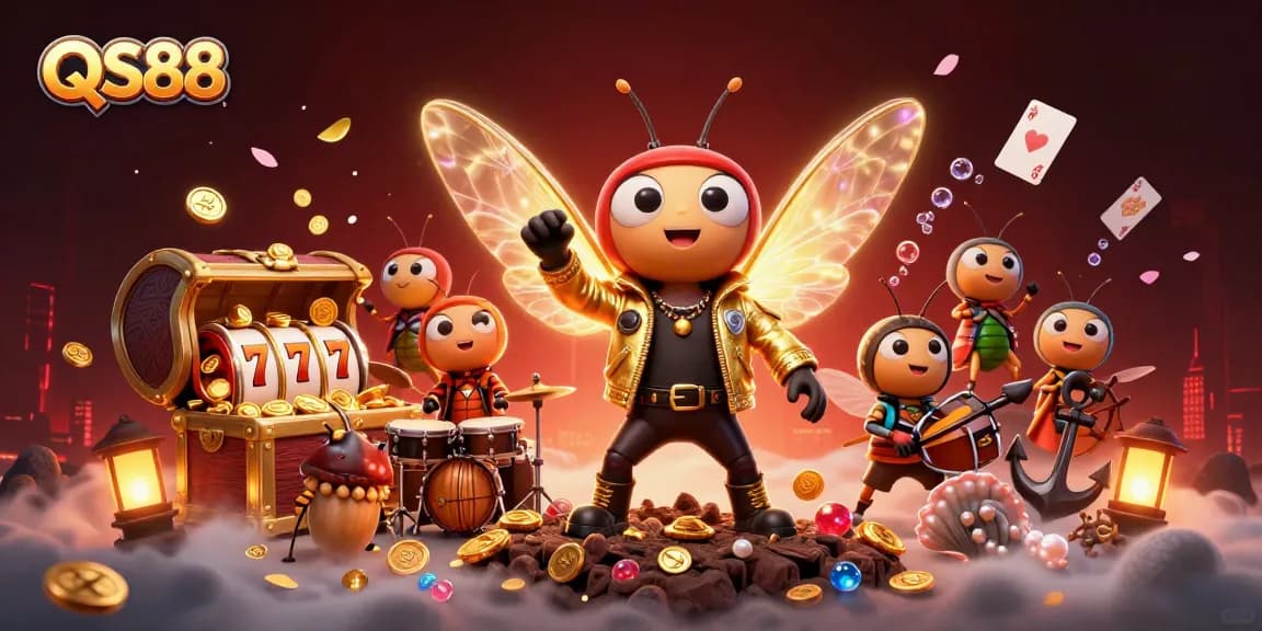 Spin to win with QS88 in this vibrant casino-themed 3D illustration featuring lively characters.