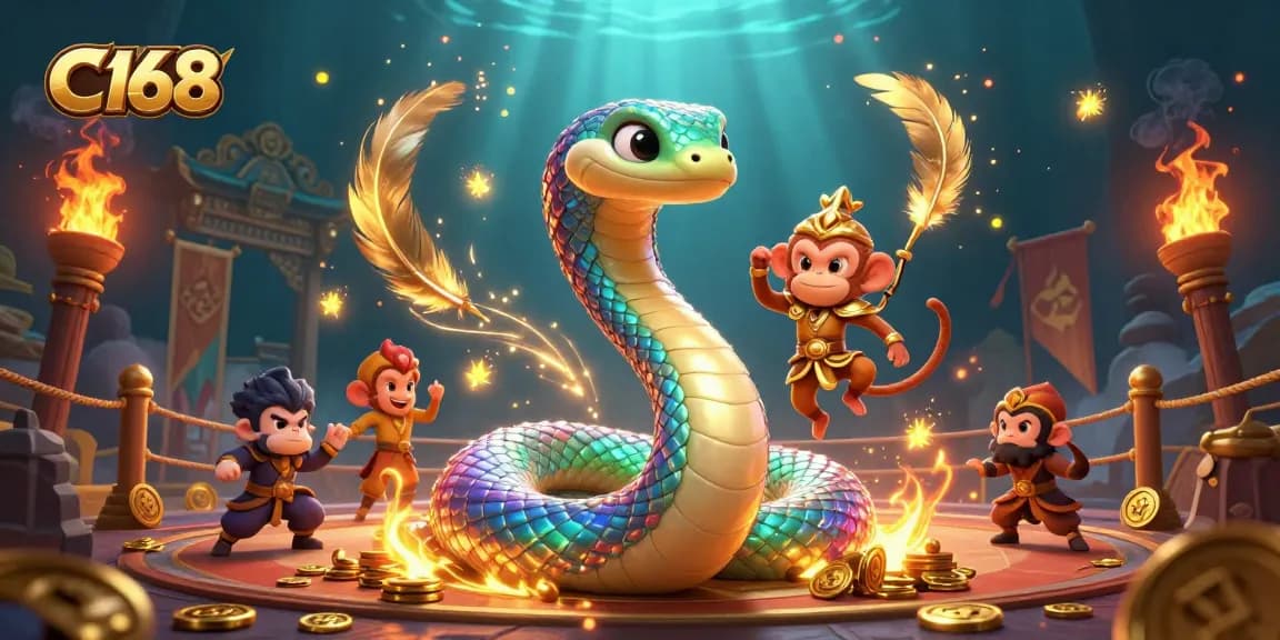 C168 engages players in a vibrant casino adventure full of colors, fire, and gold, featuring a playful monkey king and a mystical serpent.