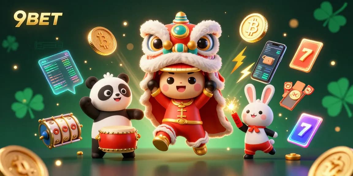 Engage with thrilling 9BET casino gaming action in a vibrant cartoon scene featuring lucky symbols.