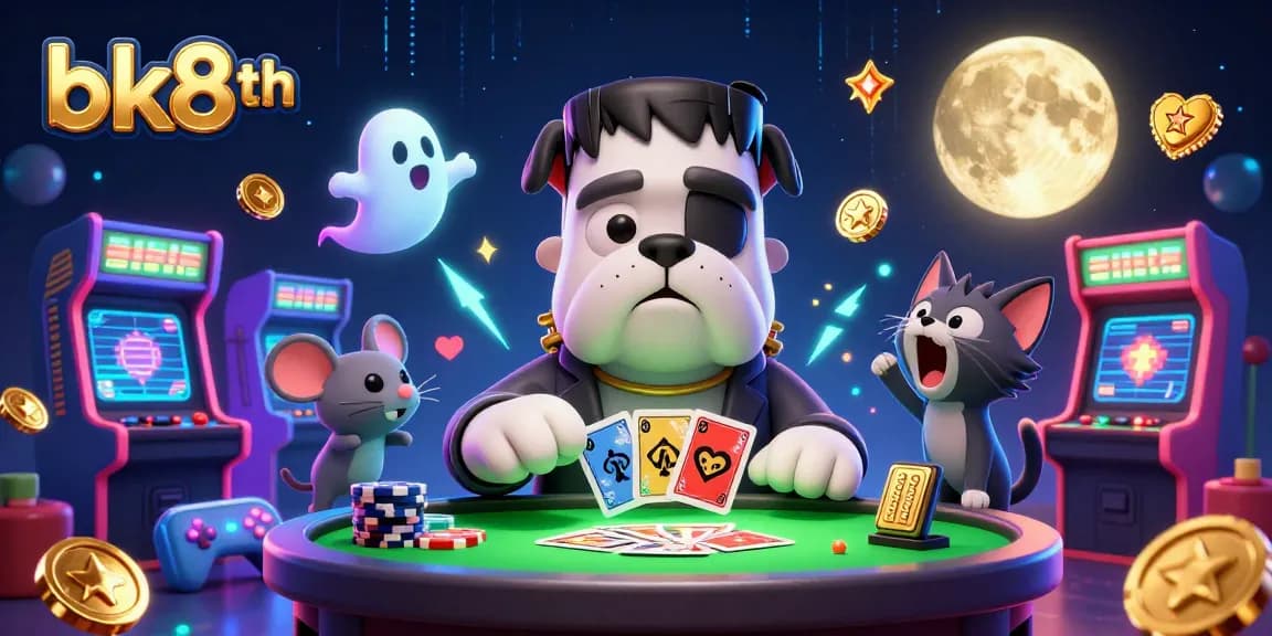 Engage with bk8th, featuring lively cartoon characters and dynamic casino elements in a vibrant 3D illustration.