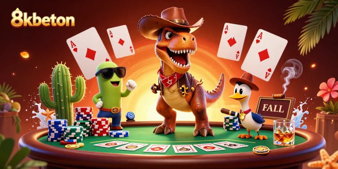 Engage with exciting poker and gambling action featuring 8kbeton characters in a vibrant casino setting.