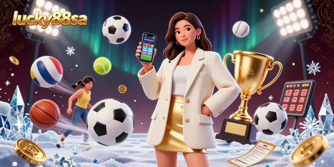 Experience exciting sports betting with lucky88sa through a dynamic betting app shown by a smiling Asian woman.