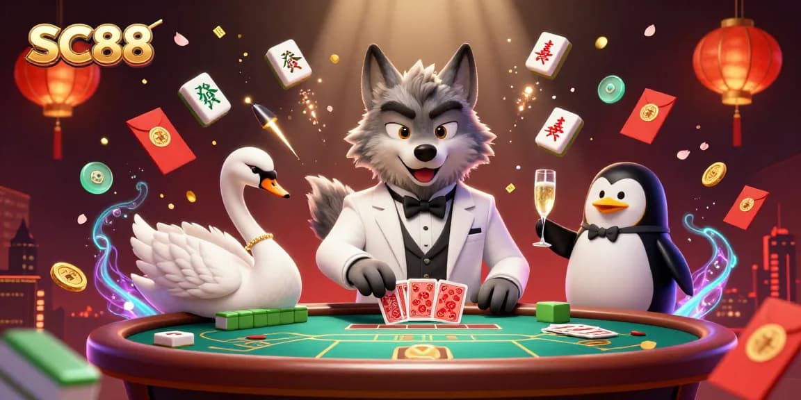 Bet big with SC88 at baccarat, surrounded by luxury characters and festive casino elements.