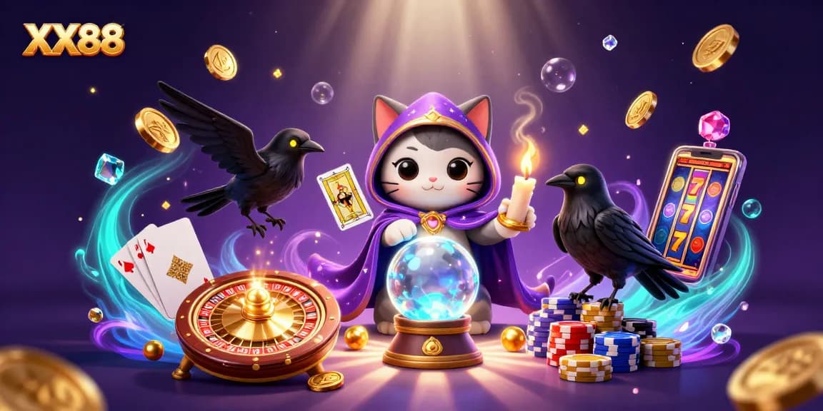 Experience thrilling gaming with XX88's fortune teller cat and tarot raven in a vibrant casino scene.