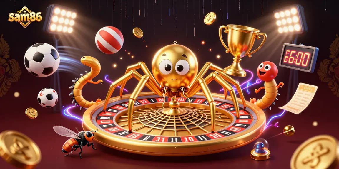 Engage with sam86 action as a nervous fly bets on a roulette web spun by a golden spider, symbolizing thrilling gaming.