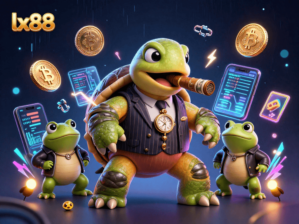 Join the lx88 casino adventure with a snapping turtle mobster and bullfrog enforcers amidst vibrant crypto elements.