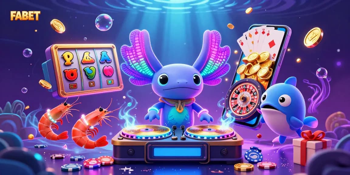 FABET promotes vibrant slot games with a cartoon axolotl DJ and energetic sea creatures in a festive underwater scene.