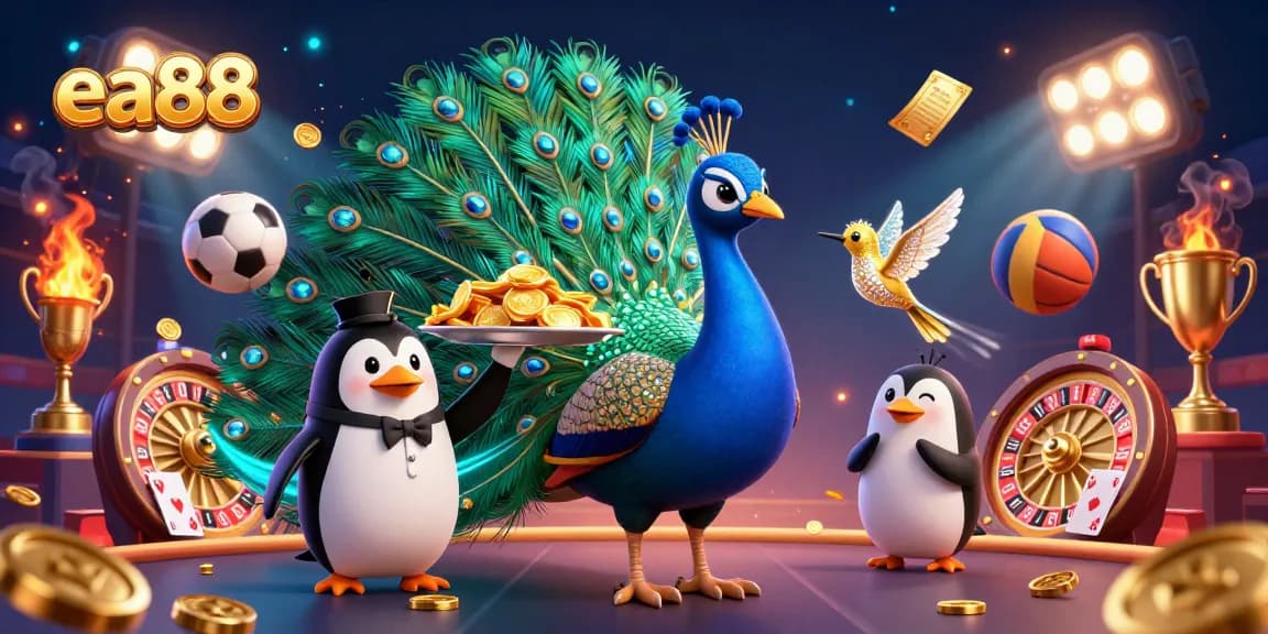 Play casino games at ea88 featuring stunning visuals of peacock, penguin, and hummingbird amidst dynamic betting elements.