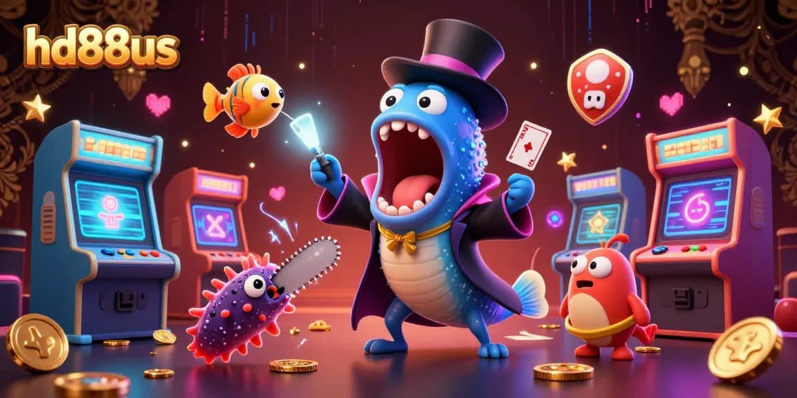 Experience casino magic with hd88us as animated sea creatures perform card tricks in a vibrant arcade setting.
