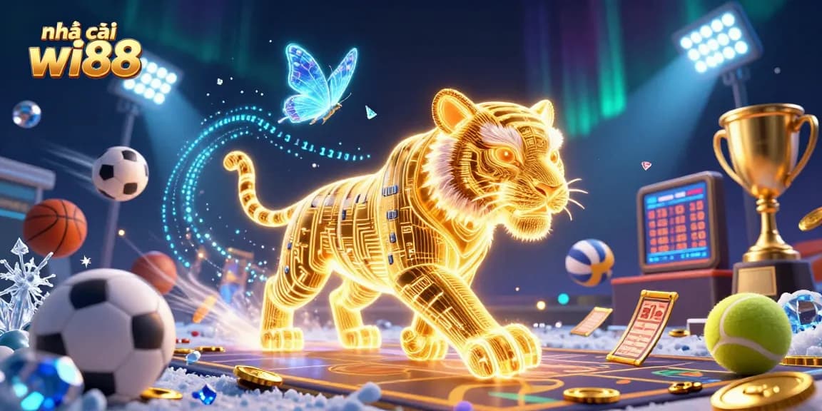 The vibrant scene showcases nhà cái wi88 with a dynamic golden tiger in a digital casino, featuring sports balls, trophies, and coins.