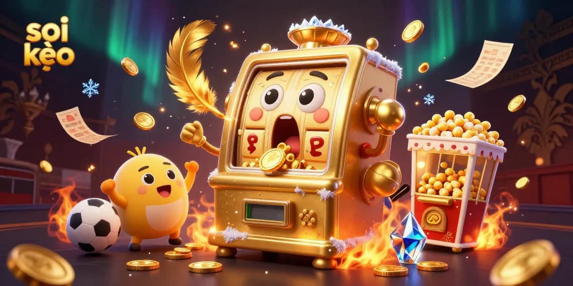 Soi kèo gambling scene featuring a golden slot machine celebrating a jackpot with coins flying around dynamically.