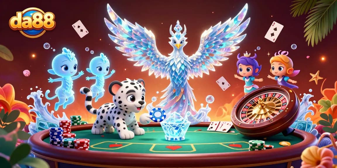 Join the excitement at da88 with a vibrant poker scene highlighted by a magical ice phoenix.