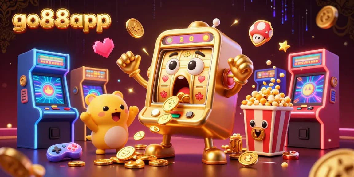 Play slots on go88app and win jackpots with vibrant 3D illustrations of animated slot machines and game elements.