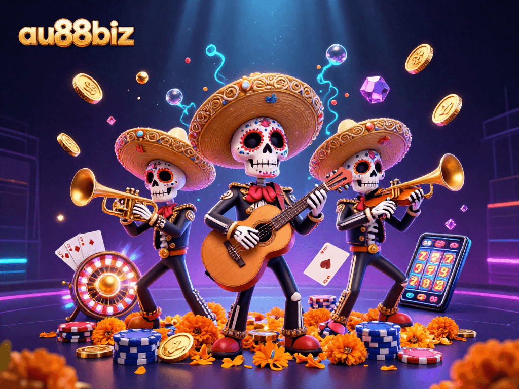 Join the exciting action at au88biz with colorful mariachi characters celebrating over vibrant casino elements.