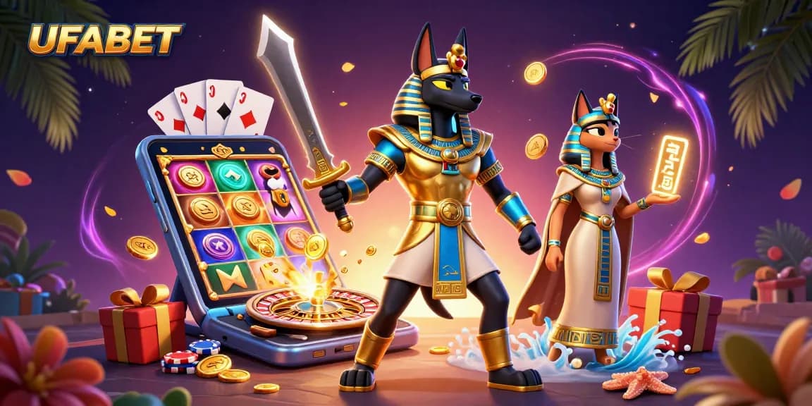 Spin and win with UFABET's vibrant slot scene, featuring Anubis, Bastet, and dazzling casino elements.