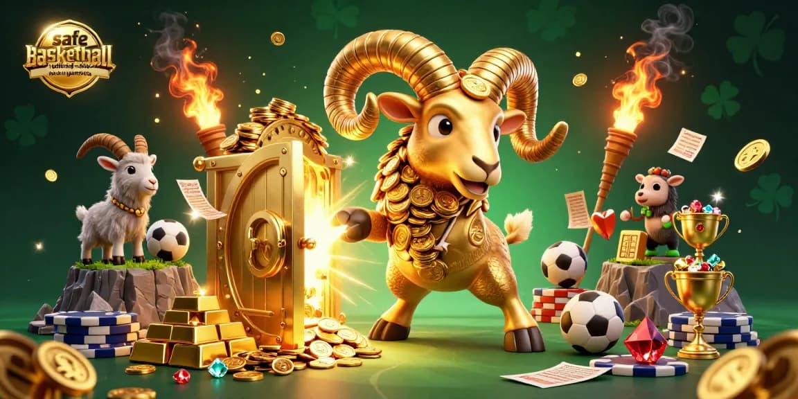 Experience safe basketball betting sites not on gamstop with vibrant sports-themed elements and golden treasures.