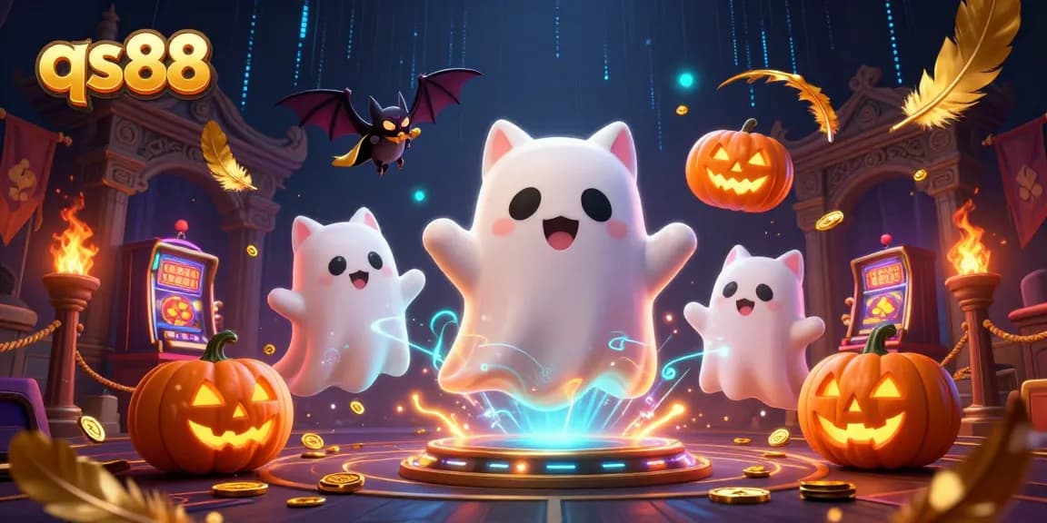 Experience the thrilling slots at qs88 in a haunted casino with glowing pumpkins and a friendly ghost cat.