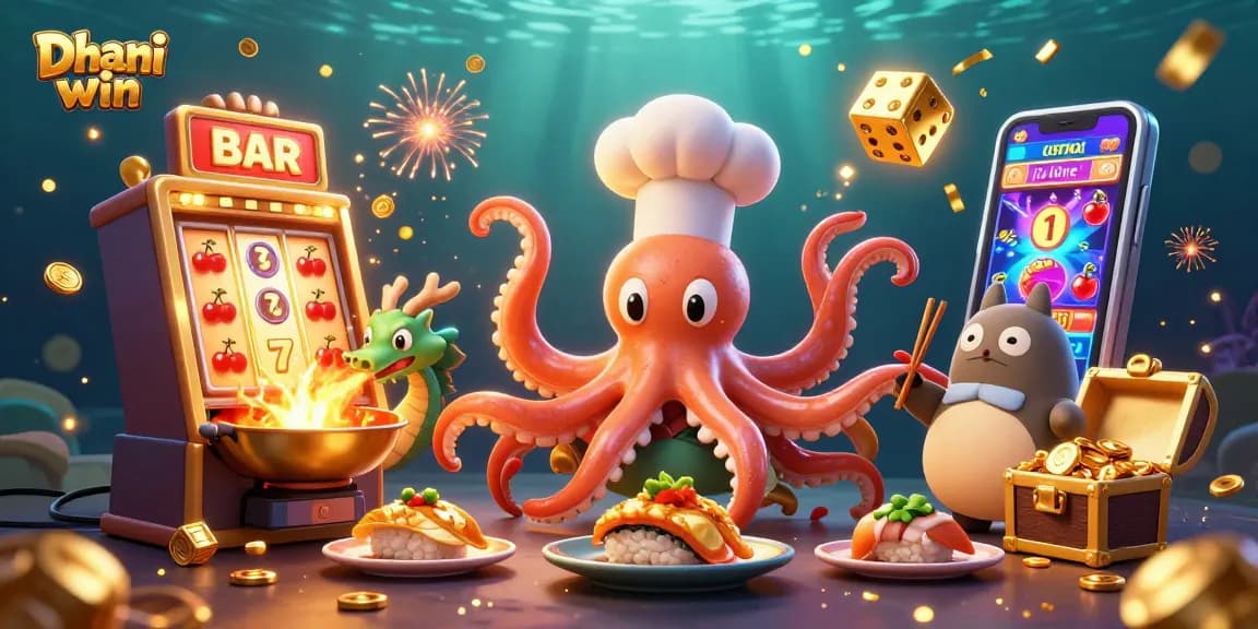 Dive into the excitement of Dhani win, where a colorful octopus chef and dragon chef create jackpot delights amidst swirling casino elements.