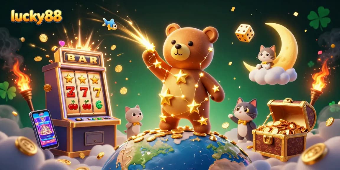 Experience lucky88's vibrant casino world with a constellation bear and jackpot thrills.