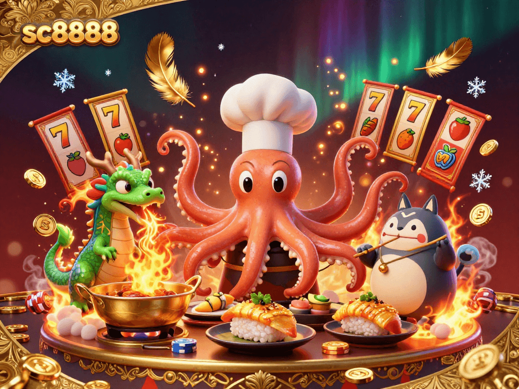 Experience the exciting world of sc8888 with a dynamic scene showcasing thrilling slot games and vibrant characters.