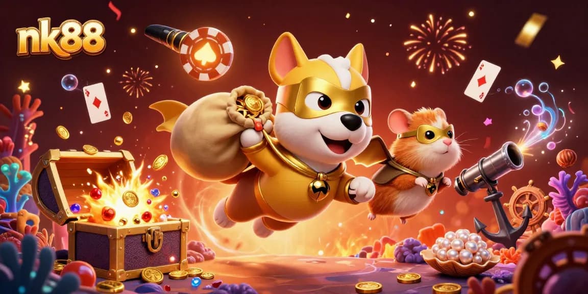 Experience the excitement of nk88 with a superhero dog flying through a casino-themed adventure.